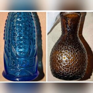 2 Mini (3") Glass Bottles- Wheaton Blue Cure Bottle & Amber/Brown Glass-Vintage!